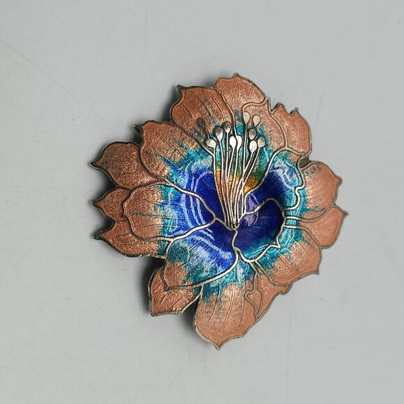 Vintage Hibiscus Flower Cloisonne Cloisonné Enamel Peach Blue Green Brooch Pin - Picture 2 of 4